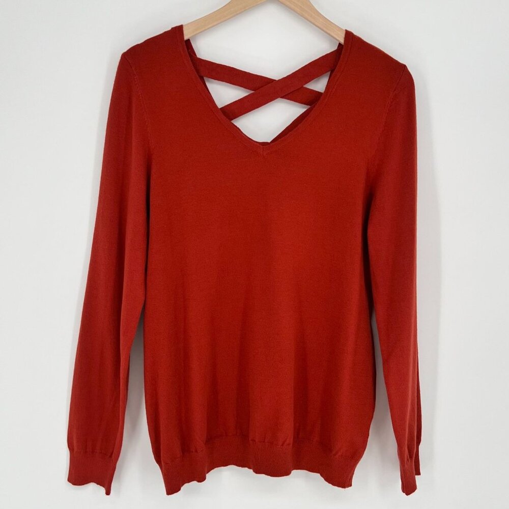 Love‎ Ellie Women's Criss Cross Back Knit Sweater Size L Burnt Orange Pullover